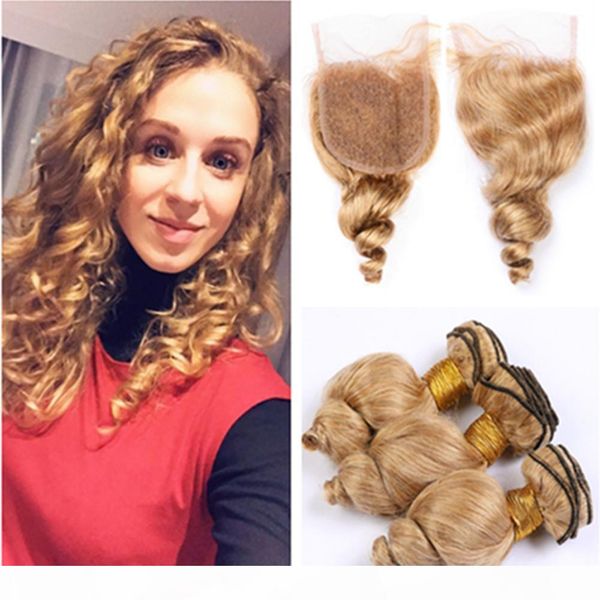 

#27 honey blonde loose wave hair wefts with closure strawberry blonde brazilian loose wavy human hair 3bundles with lace closure 4x4, Black;brown