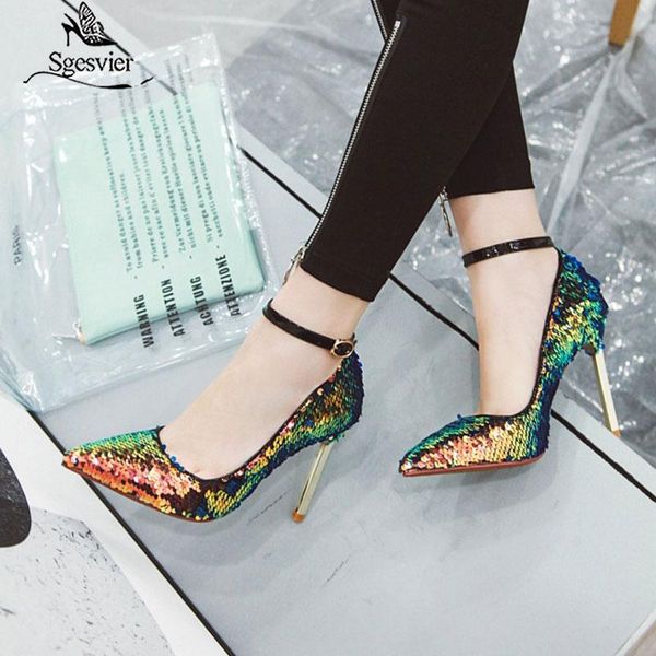 

dress shoes sgesvier 2021 spring ankle strap bride wedding thin high heels pumps gold silver glitter bling pointed toe stilettos, Black