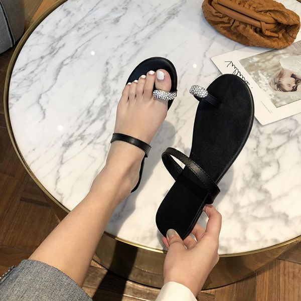 

sandals bottom toe slippers female 2021 rhinestone beach flat, Black