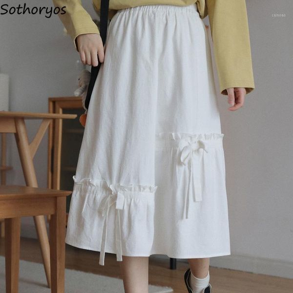 

skirts women sweet white spring lace up ruffles loose a-line fashion simple harajuku all-match students girls retro ulzzang chic, Black