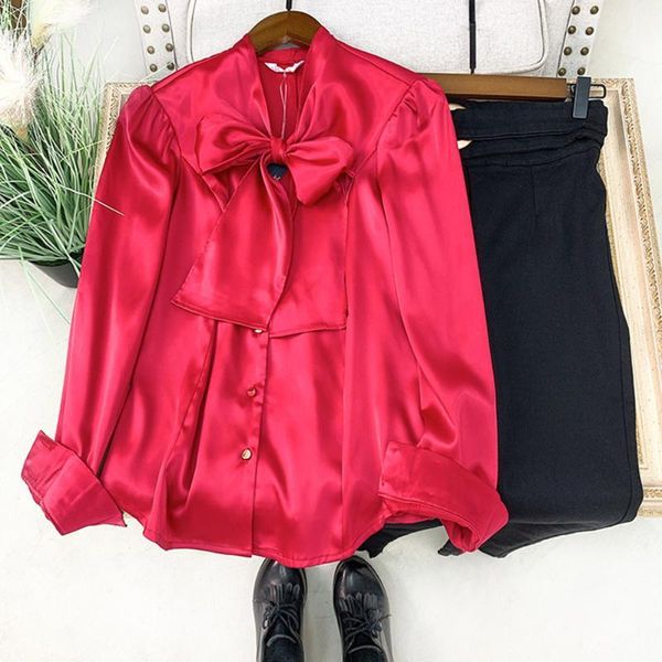 

vintage red chiffon satin bow blouse shirt elegant women long sleeves ol style princess spring autumn casual female women's blouses &, White