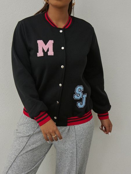 

plus letter patched striped trim bomber jacket h7n3#, Black