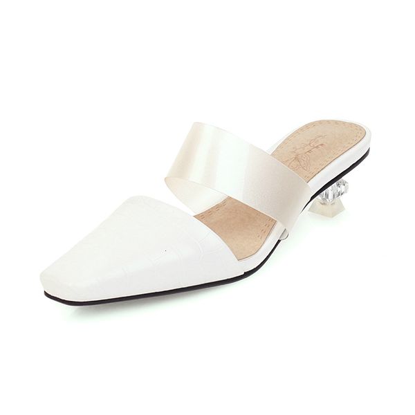 

2021 new fashion spring summer pu leather crystal heel shoessquare toe slip on slippers women mules size 34-48 17ud, Black