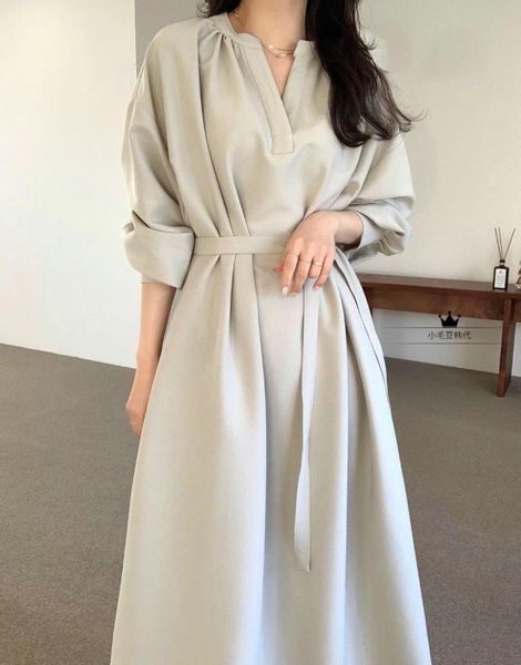 

casual dresses south korea dongdamen 2021 spring women's solid color v-neck belt loose dress opc33, Black;gray