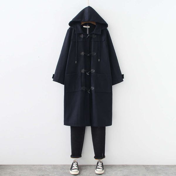 

2021autumn and winter korean fashion horn button hooded woolen coat 200 jin mm plus fat women's dress 007, Black