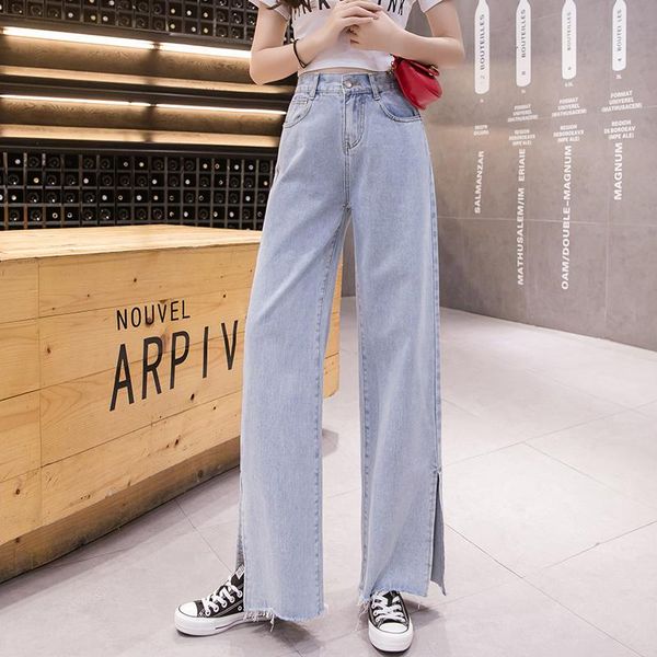 

women's jeans split hem high waist wide leg loose straight for women s  l xl, Blue