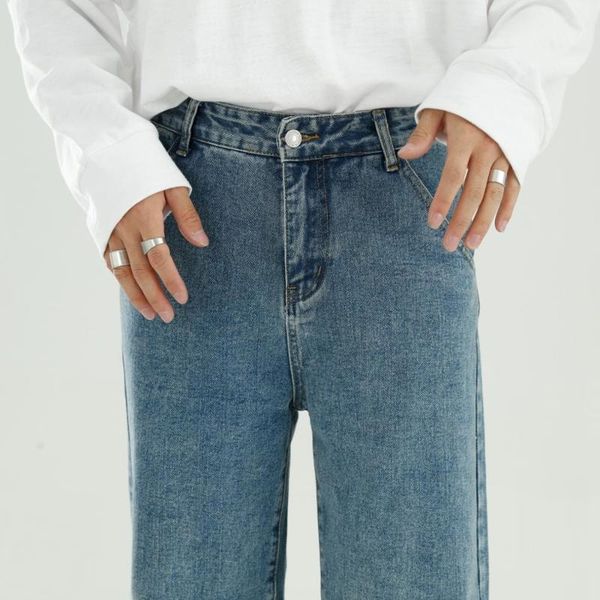 

men's jeans spring men/women washed color matching loose straight long denim pants retro japanese&korean style vintage 90s, Blue