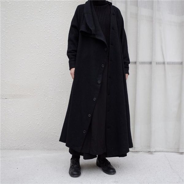 

women's wool & blends ladies woolen coat autumn winter black personality lapel design irregular side buckle long fashionable versatile