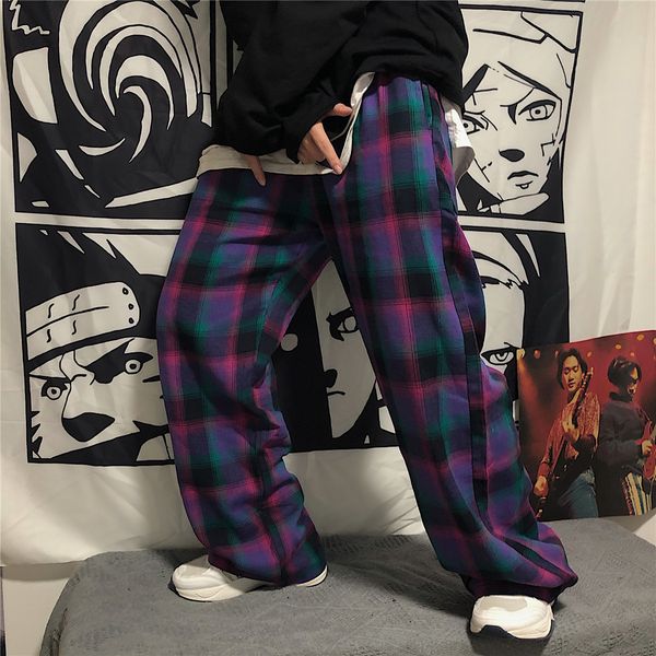 

purple plaid pants women 2021 korean style wide leg pants streetwear harajuku pants checkered for women trousers, Black;white
