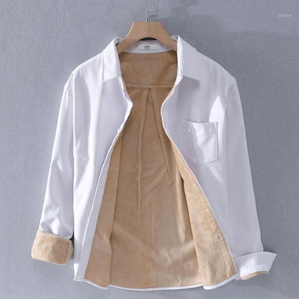 

2019 autumn long-sleeved warm cotton men shirt brand fashion shirts for men casual solid velvet shirt mens winter chemise camisa1, White;black
