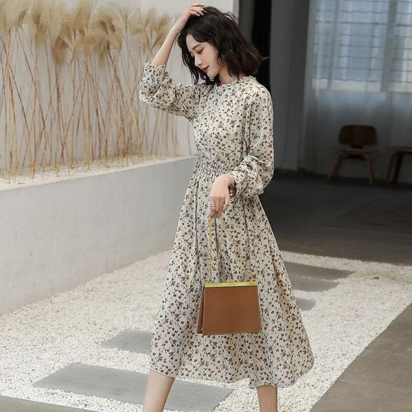 

casual dresses women's french elegant party korean dress chiffon floral print beach o-neck a line boho clothing summer 2021, Black;gray