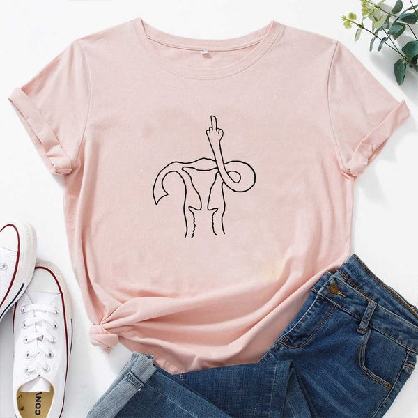 Do dedo médio do útero Camiseta Mulheres feministas t Shirt Top Manga Curta Engraçado Camiseta Mulheres Tshirt Gráfico de Algodão Tshirt Femme X0628