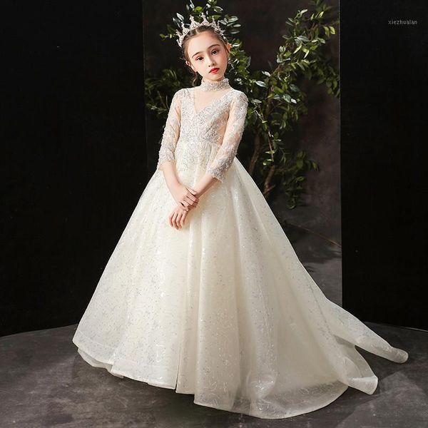 

girl's dresses children girls luxury exquisite embroidery lace birthday wedding party princess long tail dress model show catwalk prom, Red;yellow