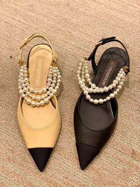 

sandals spring 2022 style temperament square head pearl low heel thick heels women's gentle back empty summer, Black