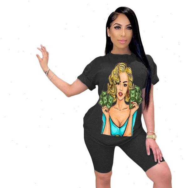 

two piece set women tracksuit biker shorts set summer clothes cartoon print t shirt lounge set club 2 piece sets womens outfits, Gray