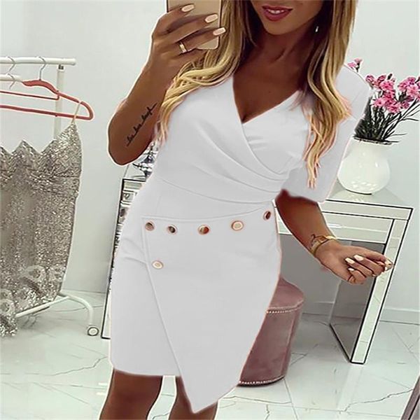 

casual dresses irregular autumn summer dress women 2021 slim half sleeve office pencil elegant v-neck party white, Black;gray