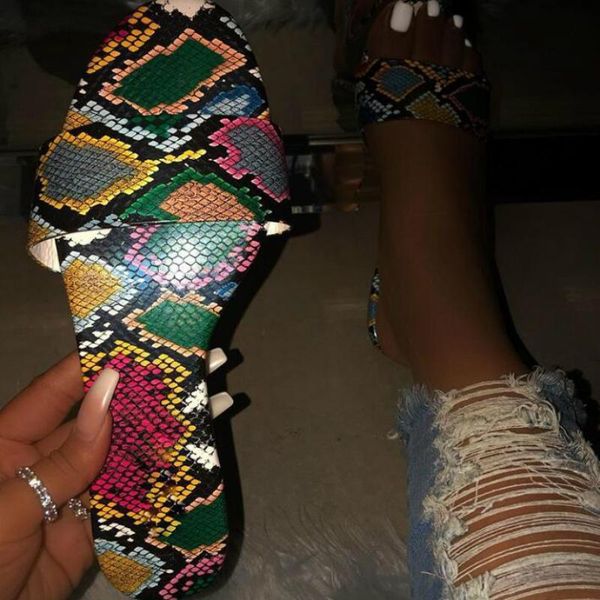 

slippers summer women snake pltaform flat heel mix color peep toe slide 2021 beach outdoor female ladies shoes zapatos de mujer, Black