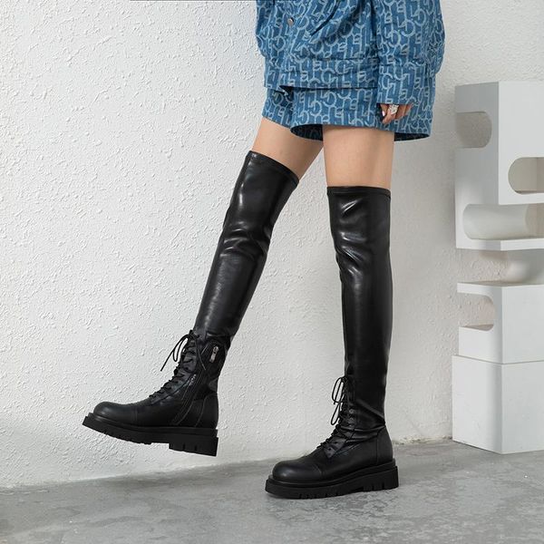 

mkkhou fashion over-the-knee boots women's new winter genuine leather round toe lace elastic boots large size 33-43, Black