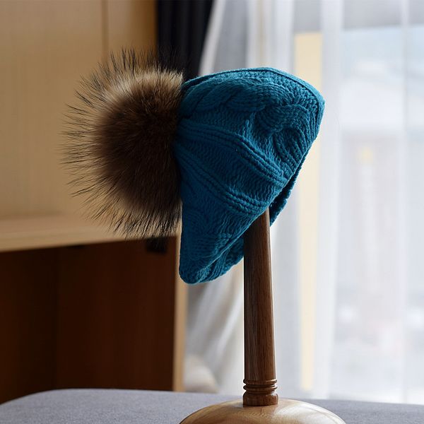 

baby raccoon fur ball cute knitted wool hat autumn and winter children's warm painter hat, Blue;gray