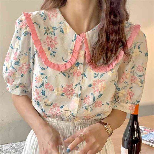 

women's two piece pants retro loose florals peter pan collar vintage chic printed half sleeve shirts summer lady elegant sweet fem, White
