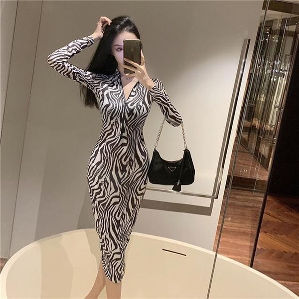 

korean winter fashion deep bodycon zebra thin high waist dress for women y702 lxs0, Black;gray