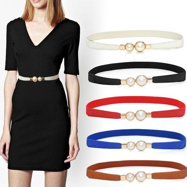 

belts women elastic thin waist belt double pearl dress skirt decorative waistband pu leather solid color corset cummerbund, Black;brown