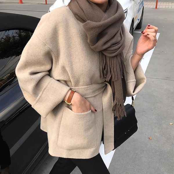 

2021 autumn spring new minimalist full sleeve thick warm woolen coat korea style plus size trend coat feminino 16n-a164, Black;brown