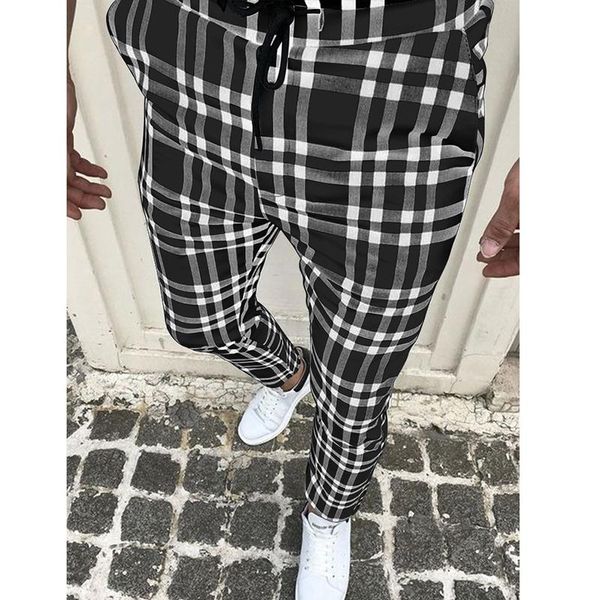 

men's pants casual business mid waist drawstring long trousers classic plaid printing pencil men 2021 autumn fashion streetwear, Black