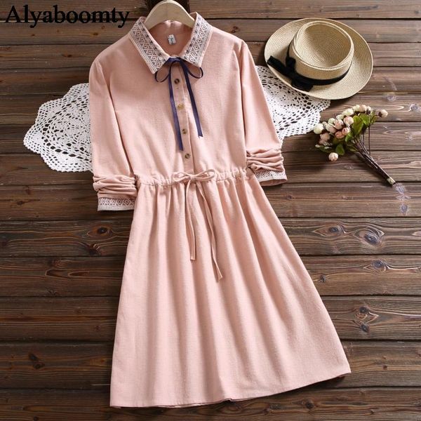 

casual dresses 2021 mori girl spring autumn women pink navy blue dress turn-down collar ribbon lace up vestidos embroidery cotton vintage, Black;gray