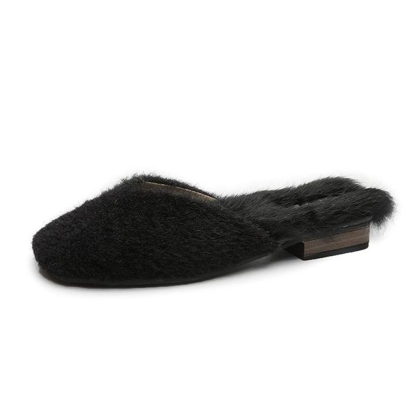 

slippers spring/autumn women's flat baotou half zapatos de mujer fashion furry solid color, Black
