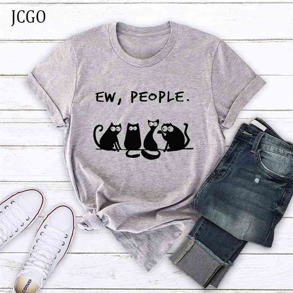 Jcgo verão moda mulheres t-shirt algodão 5xl plus size casual manga curta senhoras tee tops cute desenhos animados cópia gato camiseta 210720