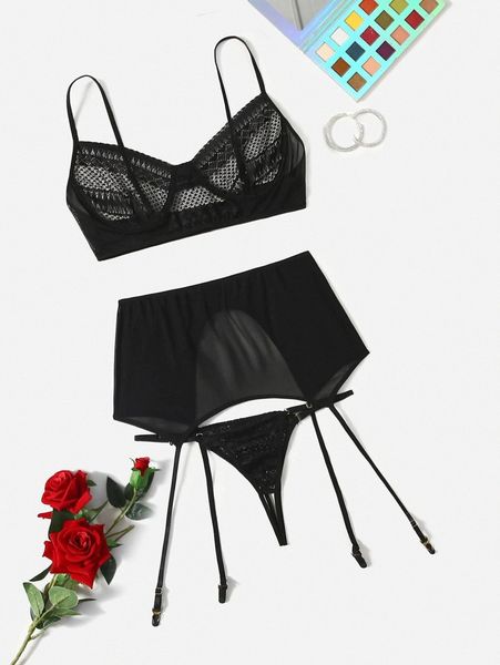 

plus sheer mesh underwire garter crotchless lingerie set 5040#, Black;white