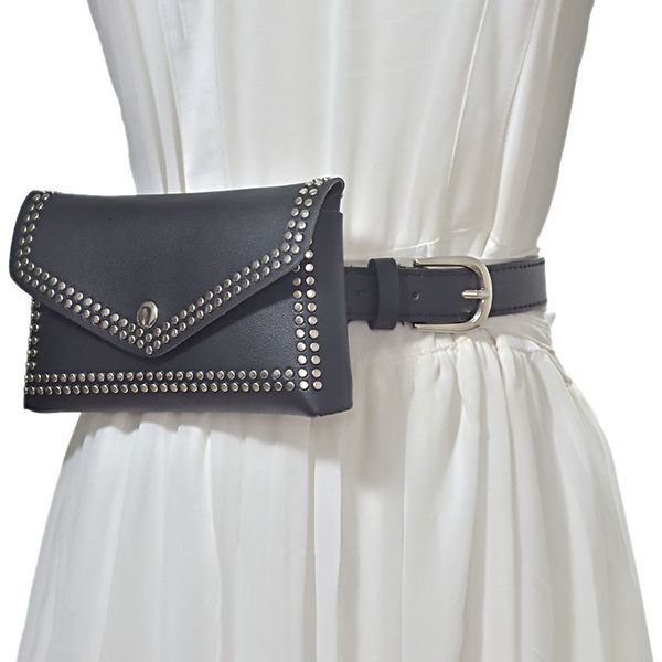 

women's bag belt personalized punk rivet decoration three dimensional waist bag belt, Black;brown