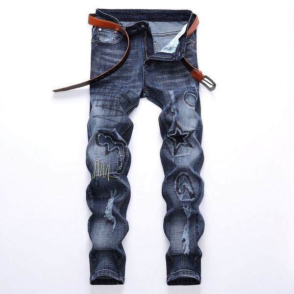 

2021 new autumn spring men's ripped street hip hop punk stretch bike jeans trendy holes straight denim trouers dl6w, Blue