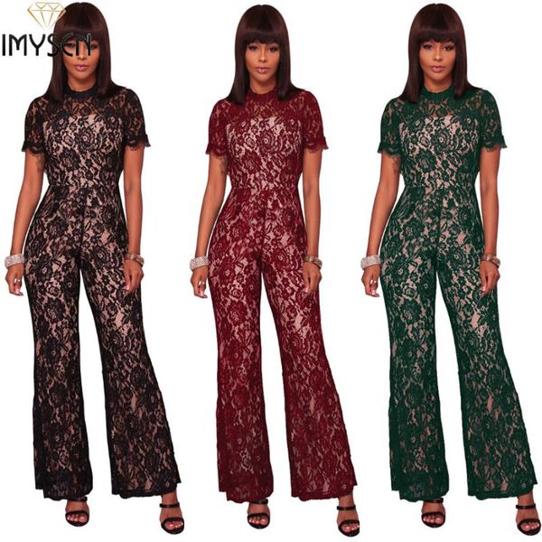 

women's jumpsuits & rompers imysen lace jumpsuit women romper turtleneck short sleeve hollow solid one piece outfit, Black;white
