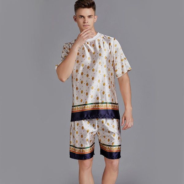 

silk men pajama sets satin pajama man sleepwear pajamas nightgown summer short sleeve print men pyjamas, Black;brown