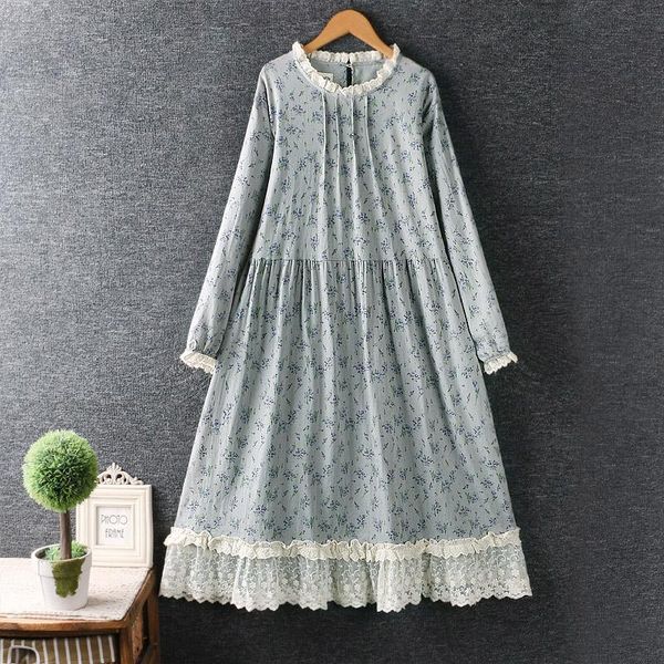

casual dresses mori girl o-neck floral print cotton linen long sleeve cottage style midi dress lace stitching women loose vintage boho, Black;gray