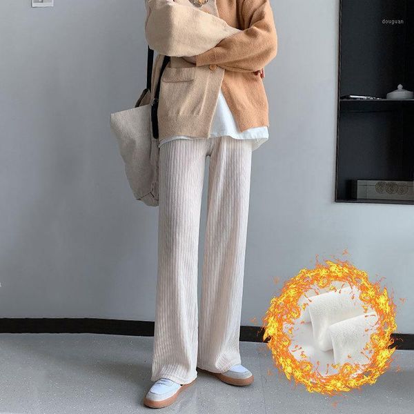 

women's pants & capris women straight chenille wide leg trousers 2021 autumn loose fashion casual high waist thin pit plus velvet thick, Black;white