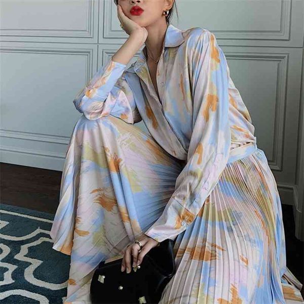 

shengpalae tie dye pleated skirt women's spring autumn blue long high waist s womens swing korean fashion 5a109 210708, Black