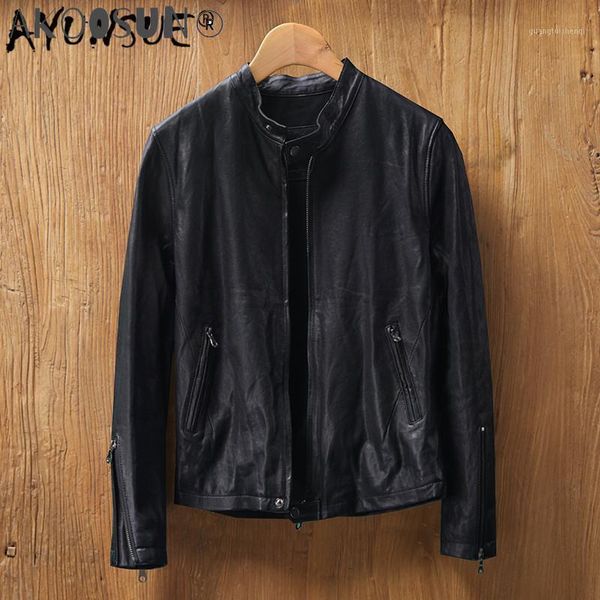 

men's leather & faux akoosun 2021 genuine jacket men real sheepskin coat motorcycle biker bomber veste cuir homme mg8-k8893 kj4424, Black