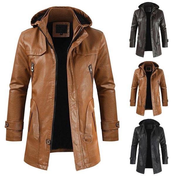

men's trench coats winter leather jacket brand casual zipper long sleeve warm hoodie coat vintage plus size pocket 2021, Tan;black