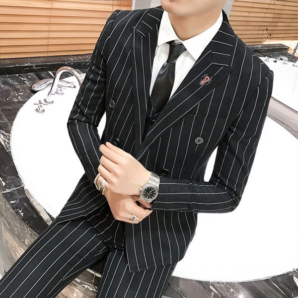 

2021 spring double breasted pieces set business professional formal wear british fashion stripe suit for men i24b, White;black