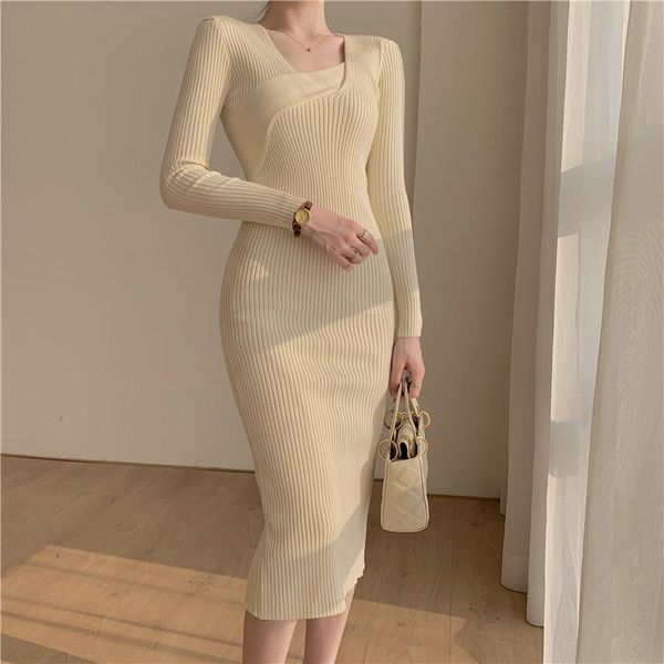 

casual dresses knit winter sweater dress knitting long sleeve mid-length skirt sheath office lady bodycon vestidos de mujer, Black;gray