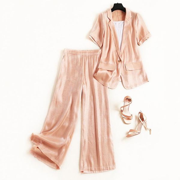 

bright silk suit two piece set buckle lapel coat inner strap high waist slit wide leg pants three-piece set ensemble femme, White