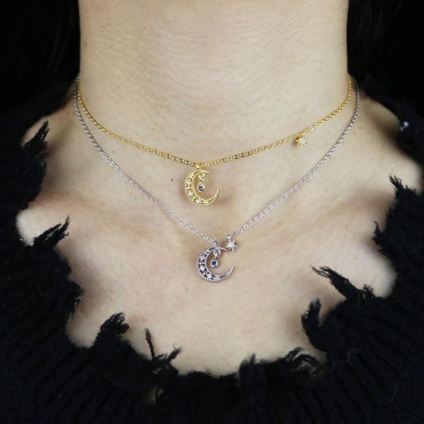 

chokers women grace chocker necklace crecent moon hollow blue cz water drop pendants jewelry with bling 5a star charm clavicle chain, Golden;silver