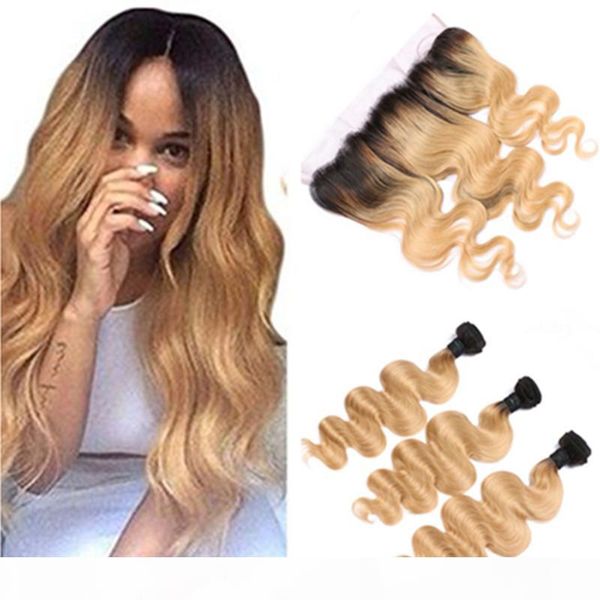 

honey blonde ombre virgin indian hair bundles with 13x4 lace frontal closure body wave 1b 27 ombre hair weaves with full frontals, Black;brown