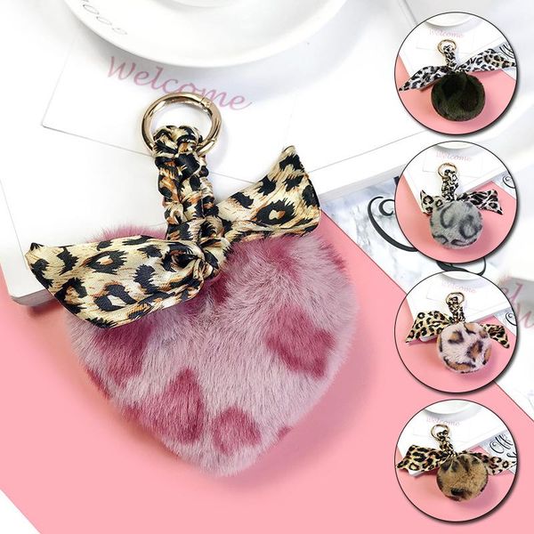 

keychains women leopard print heart fur ball keychain key rings plush pendant for car bag ornaments decoration jewelry accessories, Silver
