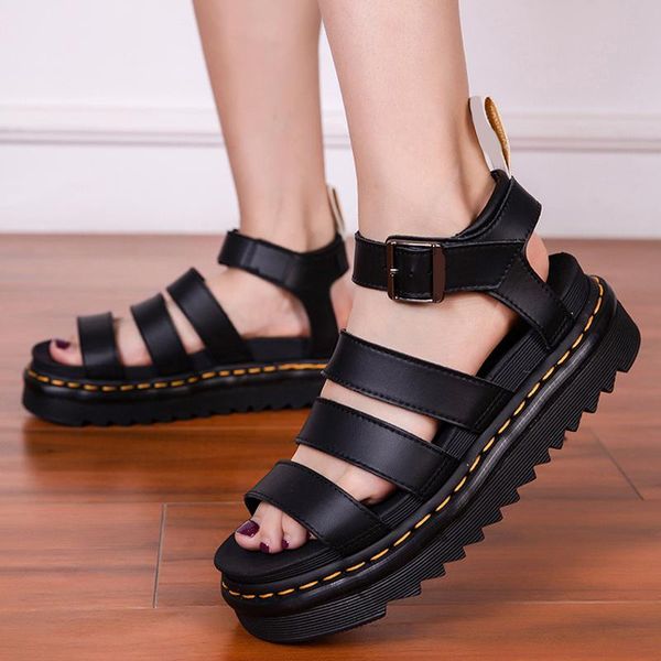 

sandals summer shoes woman flat women soft leather casual open toe gladiator wedges platform, Black