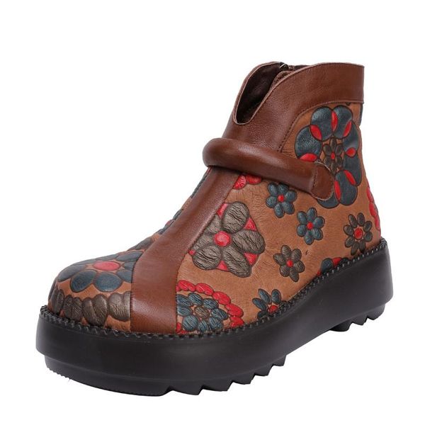 

boots retro woman zipper western booties platform wedge heel cowgirl women genuine leather splicing spring shoes, Black
