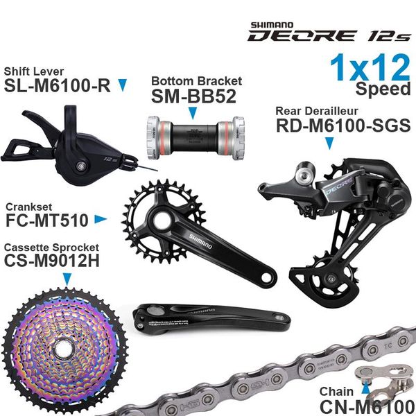 

bike derailleurs deore m6100 12speed groupset with shifter rear chain mt510 crankset bottom bracket and 11-50t colorful cassette spr